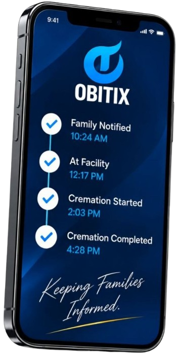 Obitix mobile app dashboard showing transports, quick actions, and case status